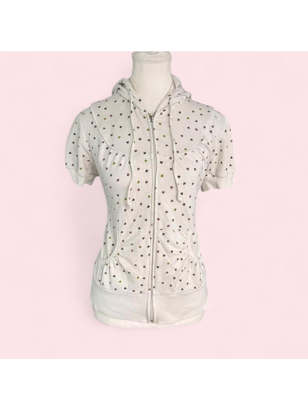 Y2K Vintage Forever 21 heart print zip up hoodie Short Sleeve Cotton Top Size L